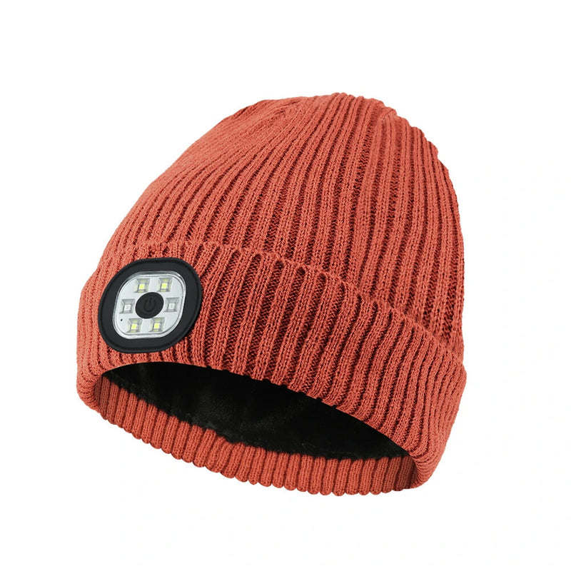 Unisex Beanie Fleece Lined LED Beanie with Light and USB Rechargeable Hands Free LED Headlamp Hat, Knitted Night Light Beanie Cap Flashlight Hat