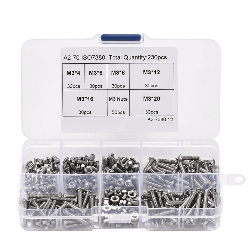 230pcs M3 304 Stainless Steel Allen Hex Drive Button Head Socket Cap Bolts Screws Nuts Assortment Kit Box Nuts Allen bolts Set