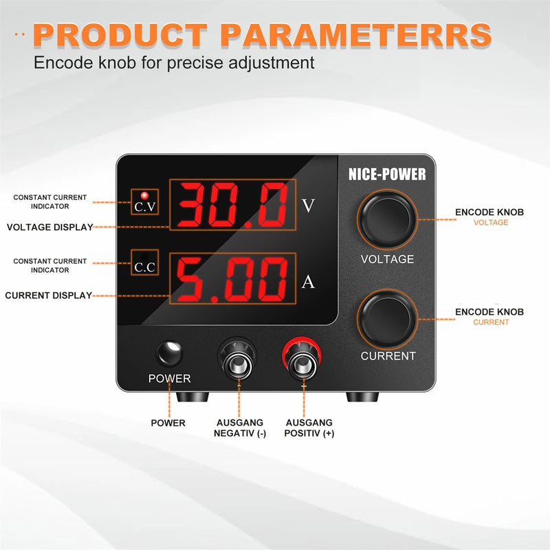 NICE-POWER SPS-E305 Mini Power Supply 0-30V 0-5A High-Precision Encoder Adjustment Sleek Black Design Stable DC Output