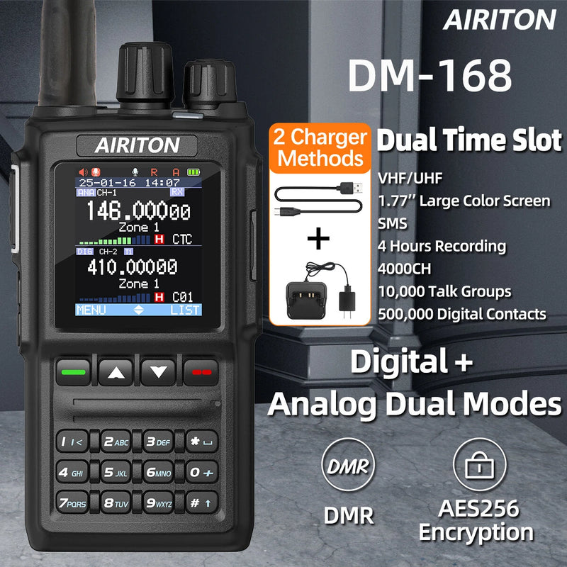 AIRITON DM-168 DMR Digital Analog Dual Mode Walkie Talkie 4000 Channels AES256 Encryption Type-C Rechargeable VHF UHF Dual Band Professional Two Way Radio