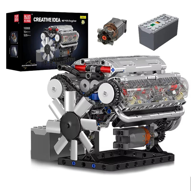 Mould King 10088 Technical Car Building Block MOC Motorized V8 Engine Model Brick Assembly Kit 535+PCS Excellent STEAM Science Education Discovery Toys Children Gifts