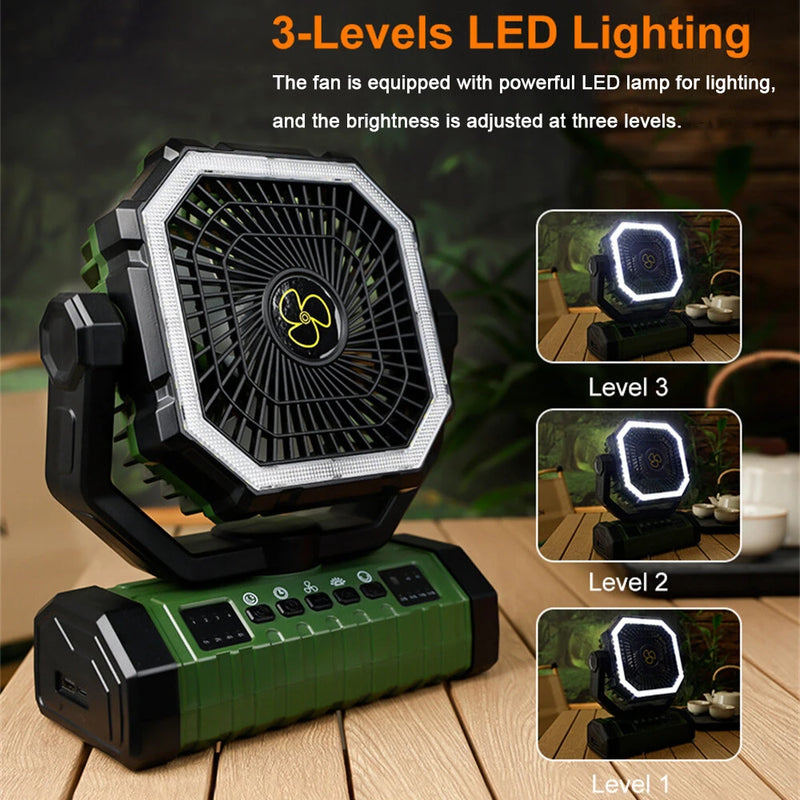 IPRee Camping Portable Desk Fan with LED Light, 20000mAh Battery Rechargeable Quiet Camping Fan, Battery Operated with Hanging Hook for Home Bedroom