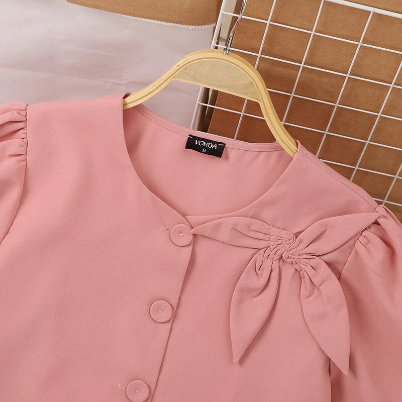VONDA Womens Elegant Bowknot Decorate Puff Sleeve Blouses Temperament Button Shirts
