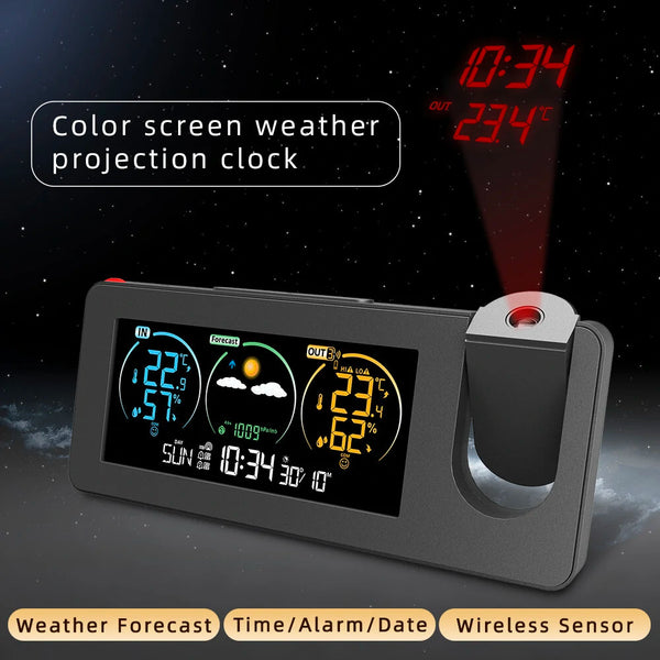 AGSIVO Weather Station Projection Alarm Clock Wireless Indoor Outdoor Thermometer with Atomic Clock and Rotating Projector Forecast Station with Calendar
