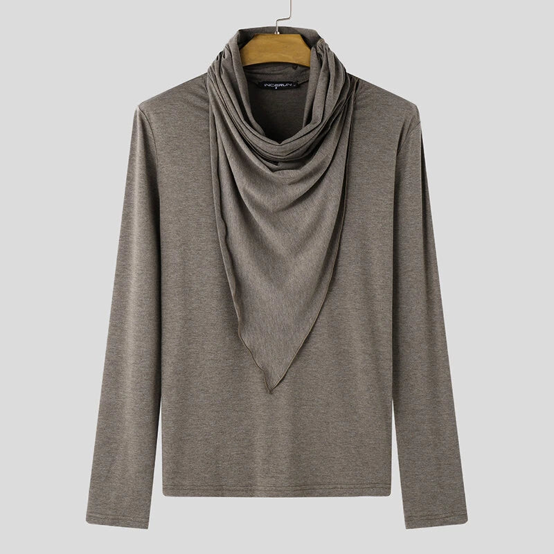 INCERUN Mens Draped Neck Ruffled Long Sleeve T-Shirt Comfortable Stretch Fabric Casual Tshirt for Male