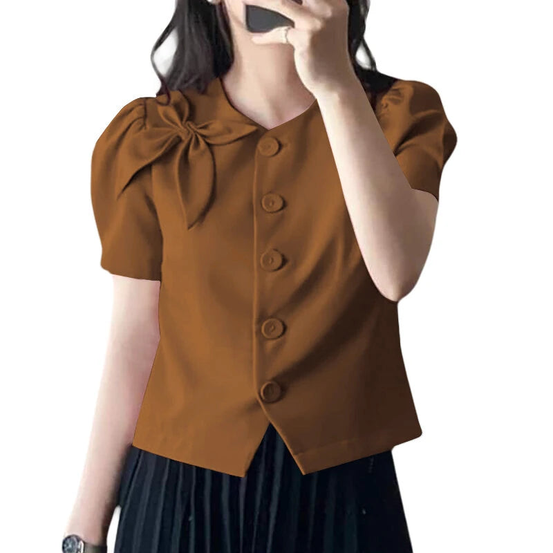 VONDA Womens Elegant Bowknot Decorate Puff Sleeve Blouses Temperament Button Shirts