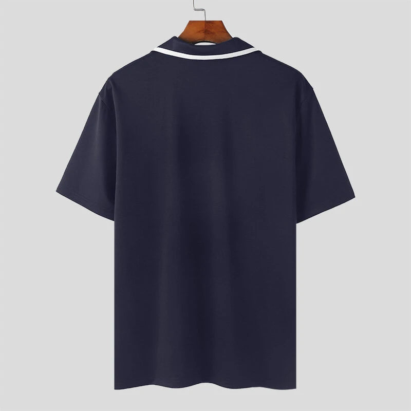 INCERUN Mens Fashion Design Spliced Collar Shirt Comfortable Fabric Short Sleeve Zipper Lapel Top for Male S-5XL