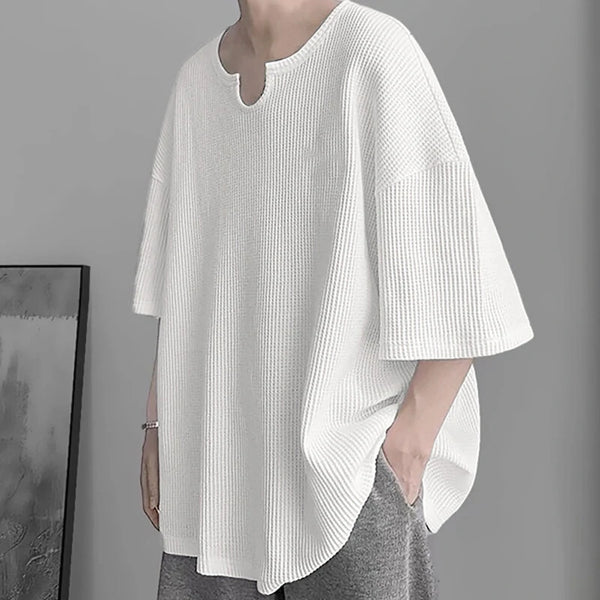 INCERUN Mens T Shirts Textured Waffle Loose Top Solid Color Casual Short Sleeve T-Shirts