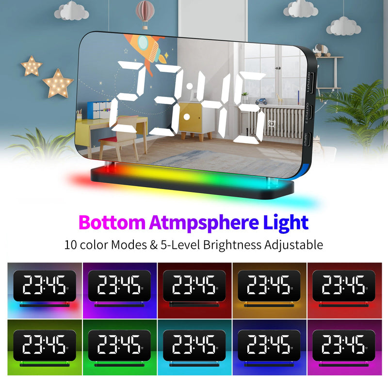 Large Screen Electronic LED Mirror Clock Colorful RGB Display Colorful Night Light Radio Projection Clock Led Electronic Clock Desktop Alarm Clock