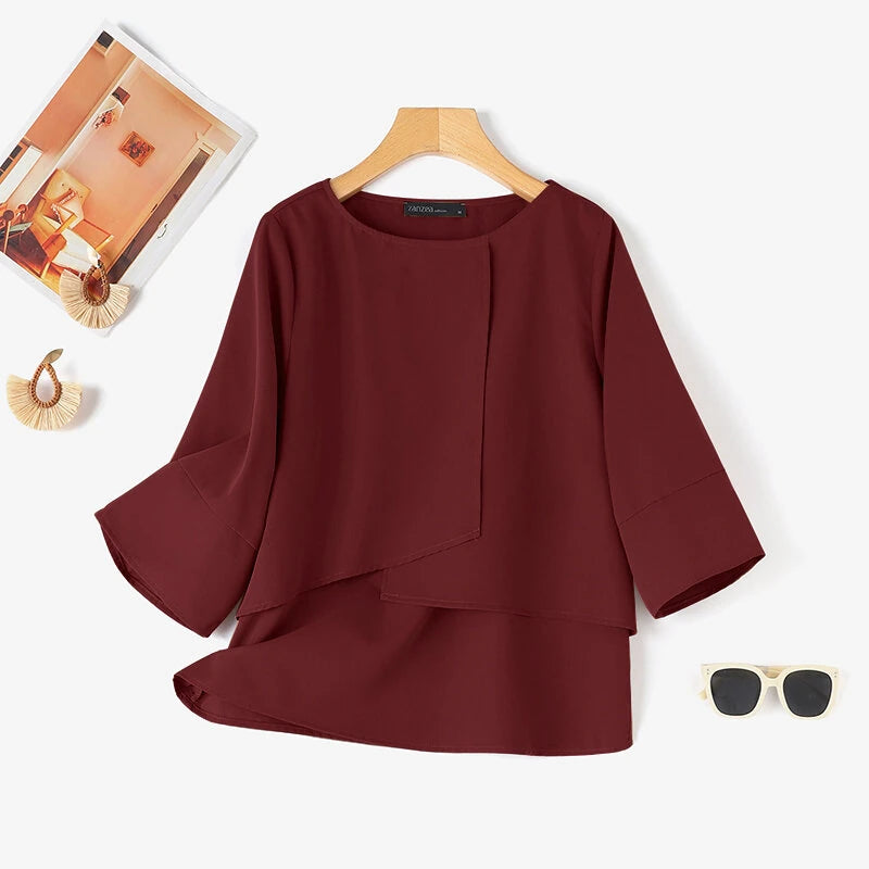 ZANZEA Elegant Style Women's Blouse Round Neck Half Sleeve Double Layer Casual Shirt Fashion Pullover Top