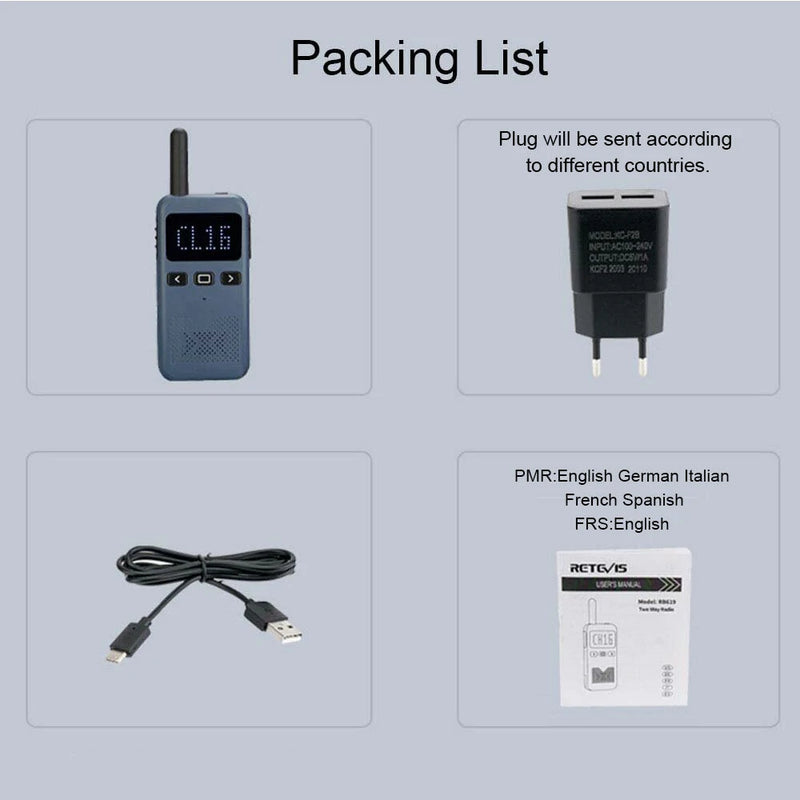 Retevis RB619 Mini PMR Walkie Talkie EU Plug 1.7inch Display 16 Channels 1650mAh USB Type-C Powered Handheld Portable Two Way Radio