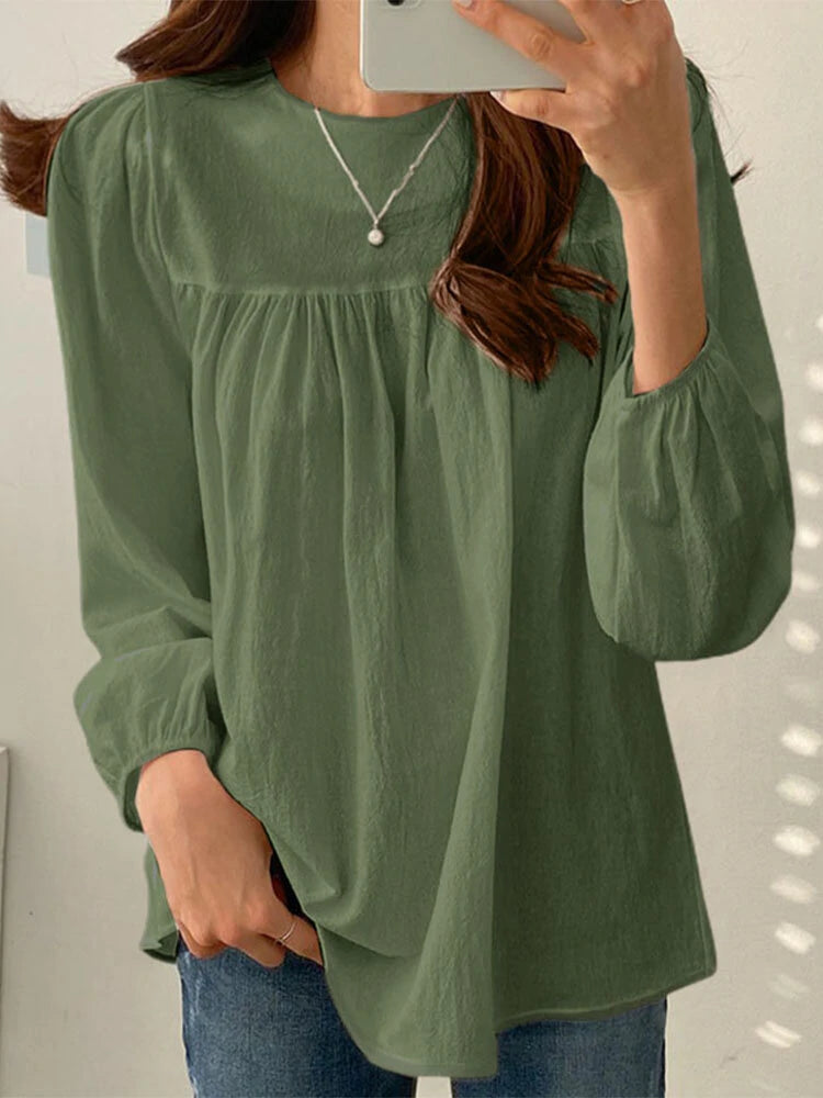 Solid Casual Keyhole Back Long Sleeve Crew Neck Blouse
