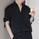 INCERUN Mens Asymmetrical Pleated Short Sleeve Shirt Casual Solid Color Lapel Top for Male