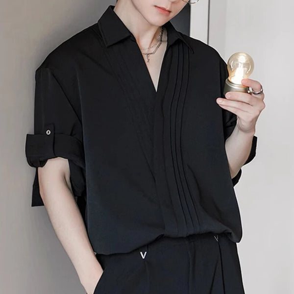 INCERUN Mens Asymmetrical Pleated Short Sleeve Shirt Casual Solid Color Lapel Top for Male