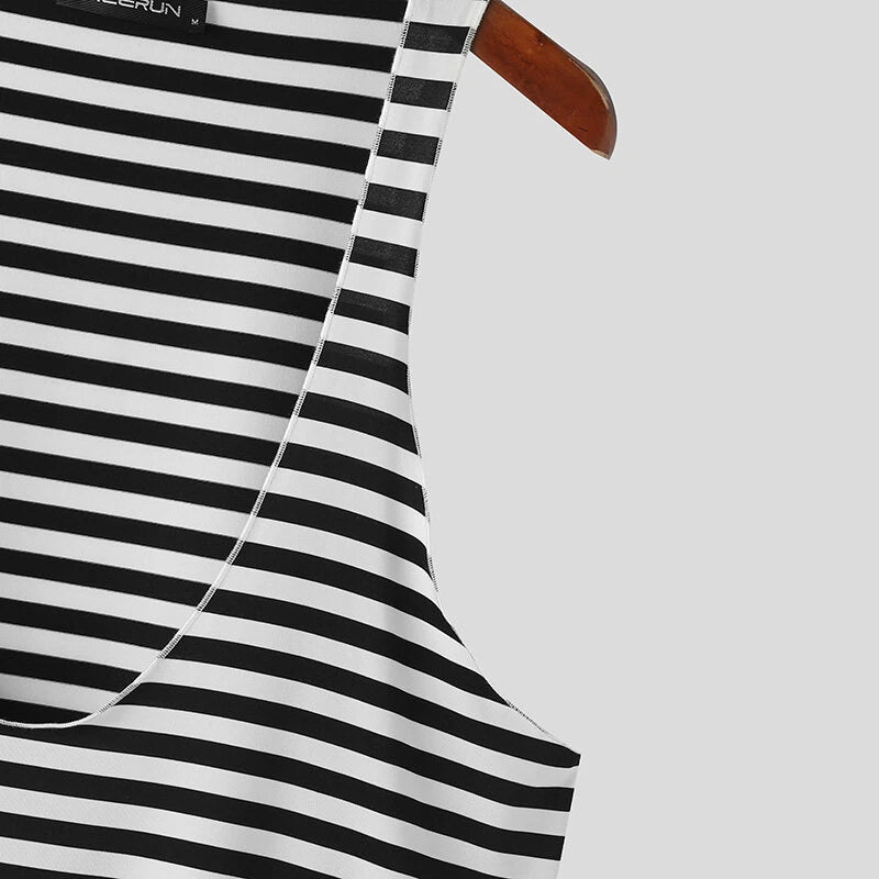INCERUN Mens Striped U-Neck Sleeveless Casual Vest Simple Gym Sports Tank Top