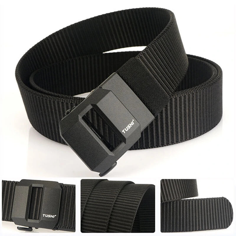 TUSHI 120cm Length Luxury Metal Tactical Belts Automatic Buckle Nylon Quick Dry Sports Belts For Outdoors Hiking Cycling