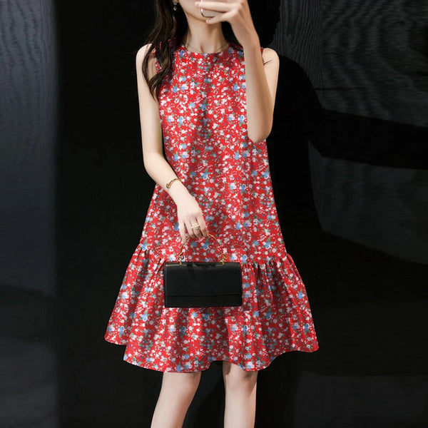 ZANZEA Women Floral Print Party Dress with Mermaid Hem and Ruffle Hem, Fashion Sleeveless Loose Fit Midi Dress Plus Size