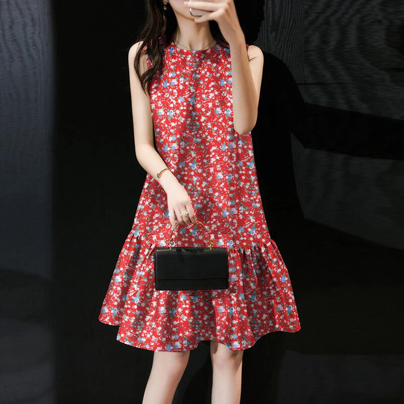 ZANZEA Women Floral Print Party Dress with Mermaid Hem and Ruffle Hem, Fashion Sleeveless Loose Fit Midi Dress Plus Size