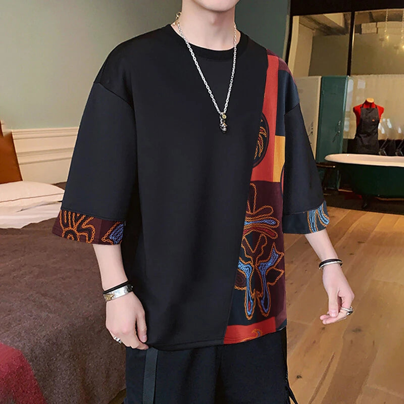 INCERUN Mens T Shirts Loose Fit Casual T-shirts for Men Print Patchwork Fashion Male Tee Tops Summer Short Sleeve Men Clothing