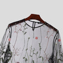 INCERUN Men T-shirts Fashion See-through Mesh Embroidered Flower Decor Long Sleeve Black Tshirts Summer Cool Party Male Tops