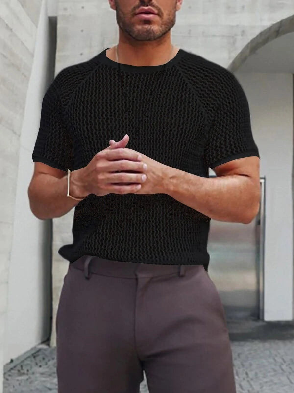 Mens Hollow Round Neck Short Sleeve T-Shirt