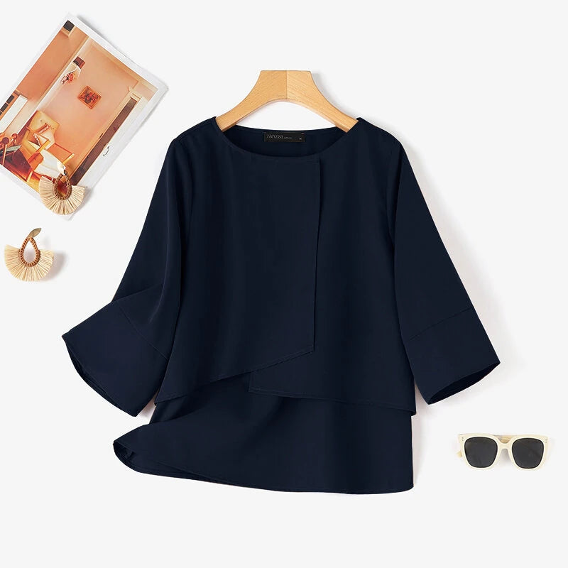 ZANZEA Elegant Style Women's Blouse Round Neck Half Sleeve Double Layer Casual Shirt Fashion Pullover Top