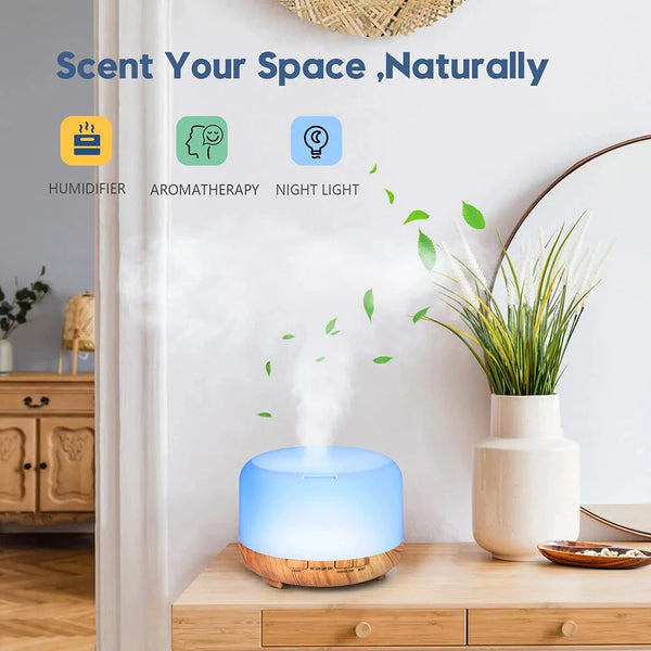500ML Aromatherapy Diffuser Wood Grain Essential Oil Aromatherapy Humidifier with Remote Control for Home Office