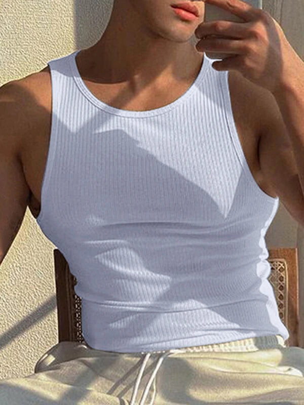 Mens Solid Crew Neck Rib-Knit Sleeveless Tank Top