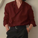 INCERUN Mens Japanese Style Loose V-Neck Shirt Suit Collar Long Sleeve Shirt Top for Male