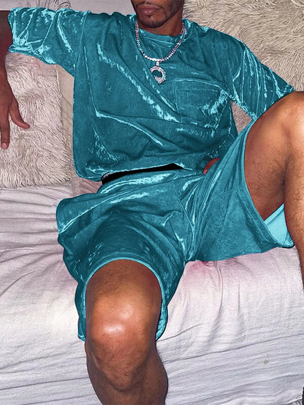 Men Velvet Pocket Jogger Shorts & T-Shirt 2 Piece Set