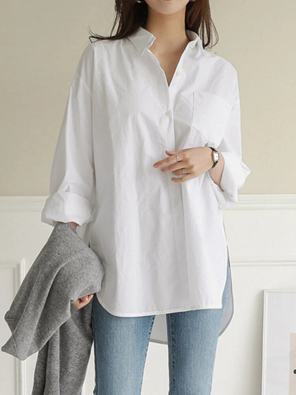 Women Daily Casual Cotton Irregular Hem Commute Loose Shirts