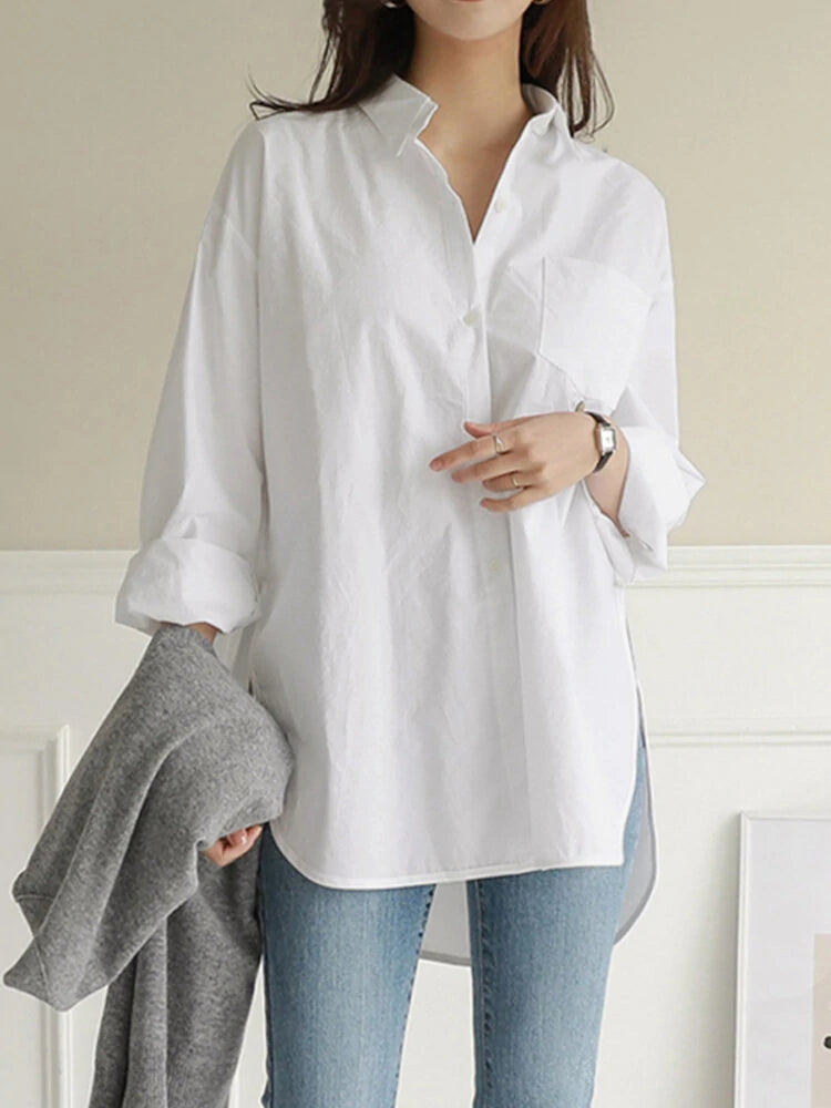 Women Daily Casual Cotton Irregular Hem Commute Loose Shirts