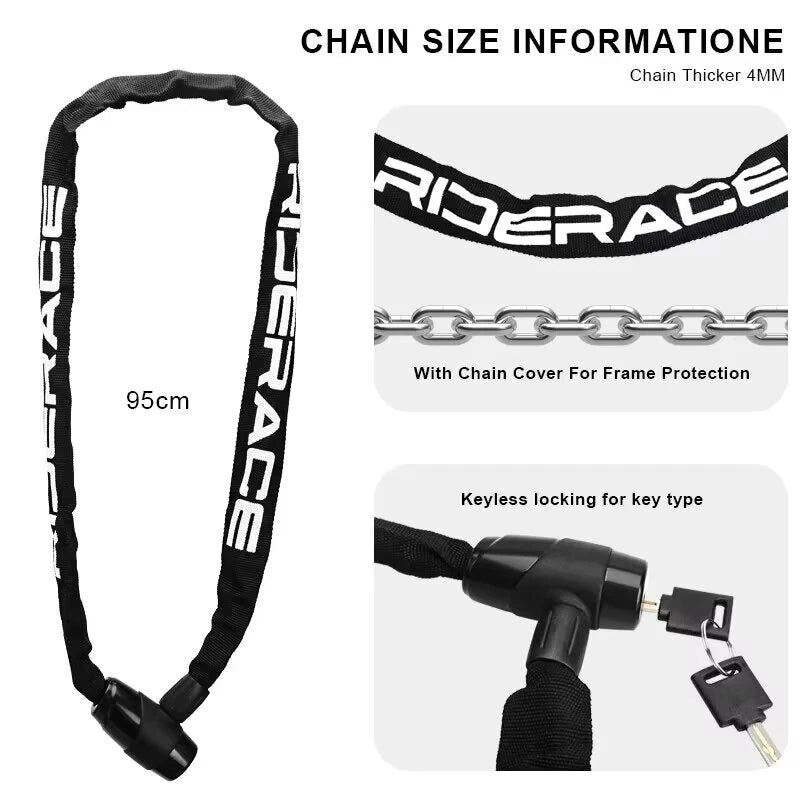 RIDERACE Bike Chain Lock Portable High Security Anti-Theft Bicycle Lock with 2 Keys for Bicycle Electric Scooter Motorcycle