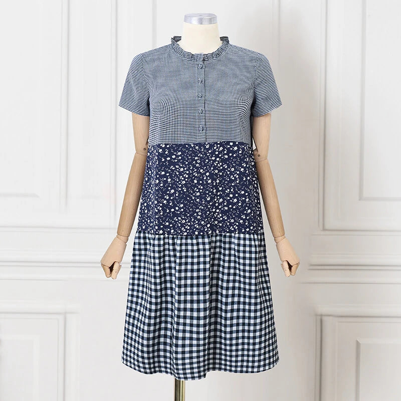 ZANZEA Women Loose Patchwork Check Floral Dress Stylish Short Sleeve Pleated Crew Neck Shirt Dress for Women Plus Size