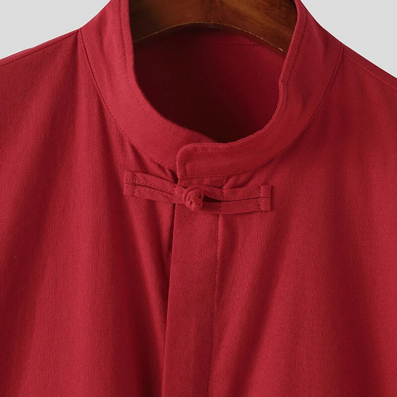 INCERUN Men Cotton Linen Half Sleeve Shirt Solid Color Comfy Loose Fit Casual Stand Collar Top for Men Plus Size Spring Fall