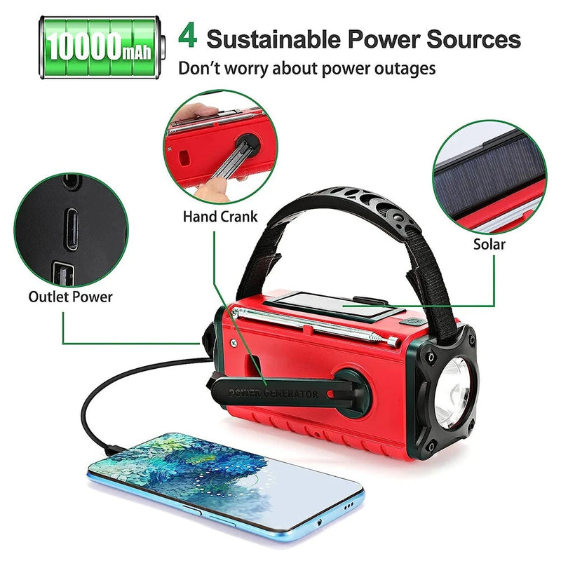 Portable Solar Hand Crank Radio AM FM NOAA Weather USB 10000mAh Charging LED Flashlight Power Bank Aste Lamp