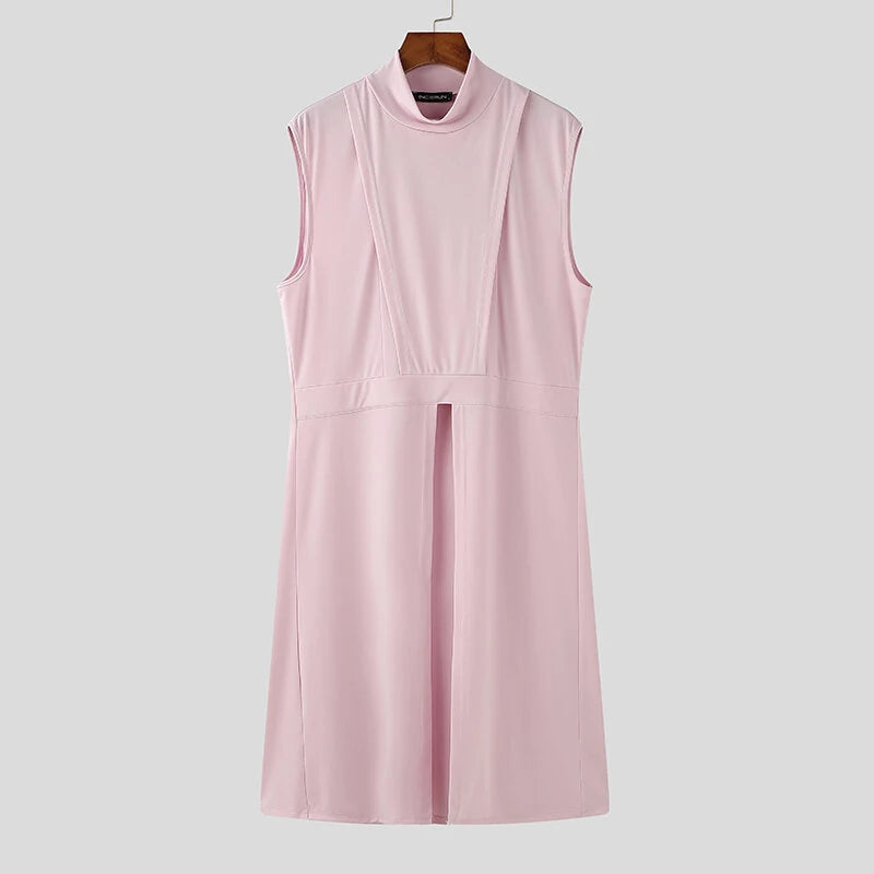 INCERUN Mens Solid Color Split Design Sleeveless T-Shirt Fashion Half Turtleneck Top for Male