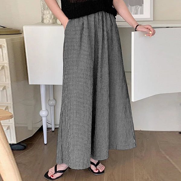 ZANZEA Womens Geometric Printed Wide Leg Pants Vintage Elastic Waist Straight Pleated Trouser Loose Fit