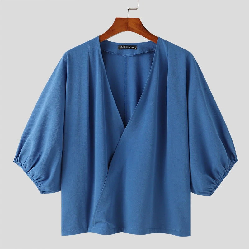 INCERUN Mens Shirts Fashion Big V-neck Bubble Short Sleeve Top Shirts Summer Fashion Party Top Shirts Male Clothing