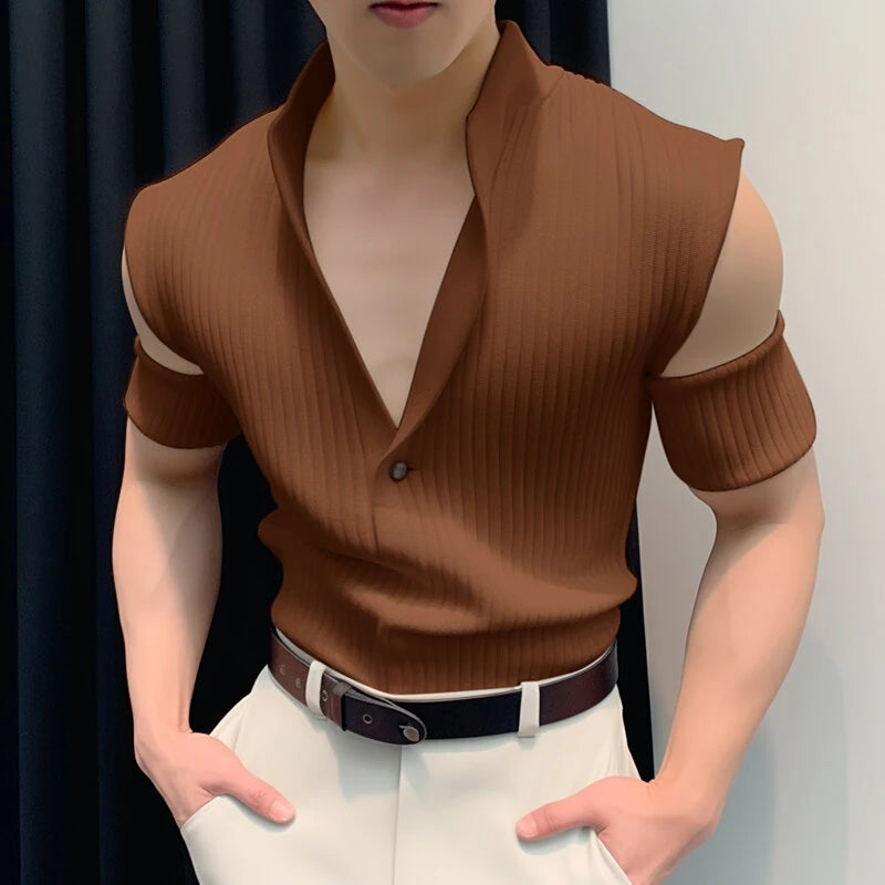 INCERUN Mens Thin Knitted Fabric Cut-off Short Sleeve Tops Lapel Shirts