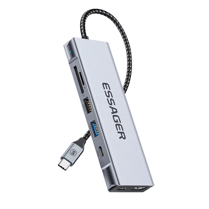 ESSAGER 8-in-1 Docking Station with Disk Storage USB 2.0 USB 3.2 Gen 2 10Gbps USB-C Data PD100W USB-C 4K@30Hz HD SD/TF Card Reader Slot Multiports M.2 SSD USB Hubs Splitter for Phone TV Tablet Laptop
