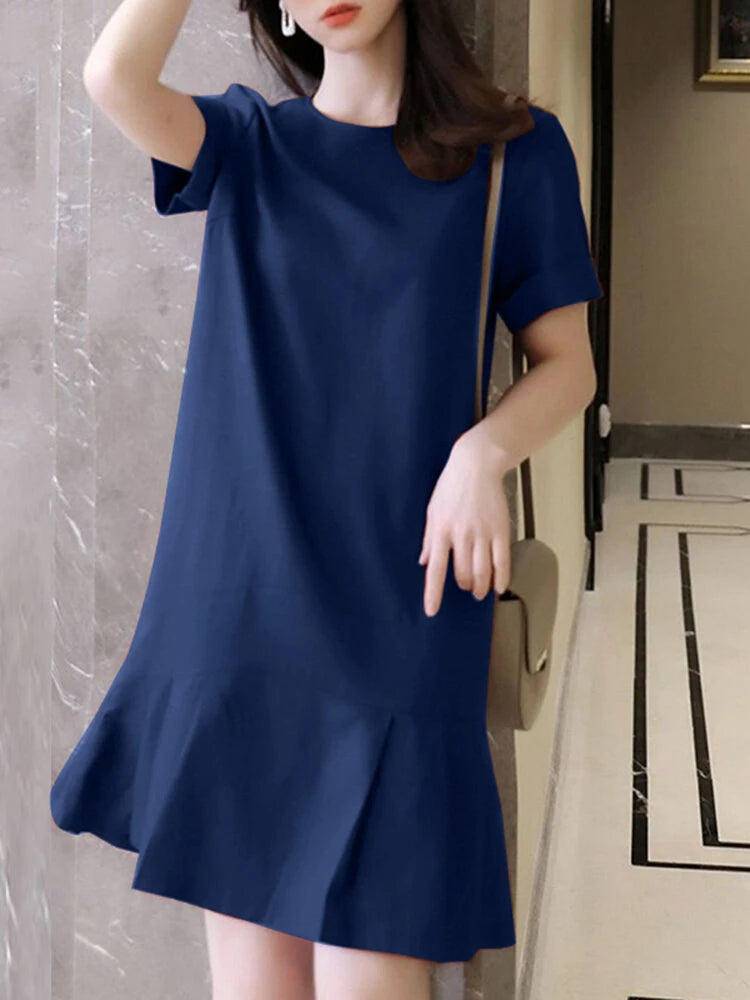 ZANZEA Women Plus Size Solid Ruffle Hem Pocket Short Sleeve Crew Neck Casual Dress