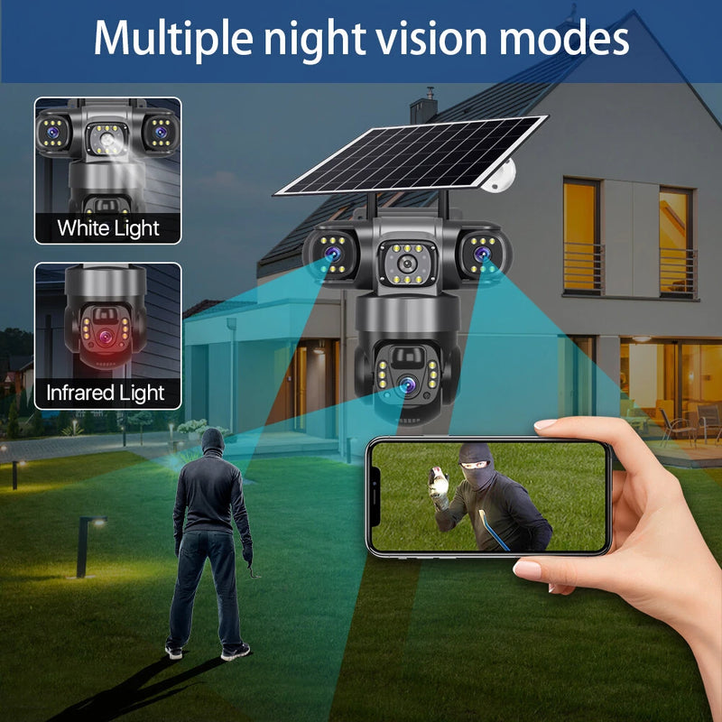 V380 4G 6MP Solar Security Camera 3-Lens System  Dual-Charging Night Vision Motion Alerts 4G European Version Security Camera