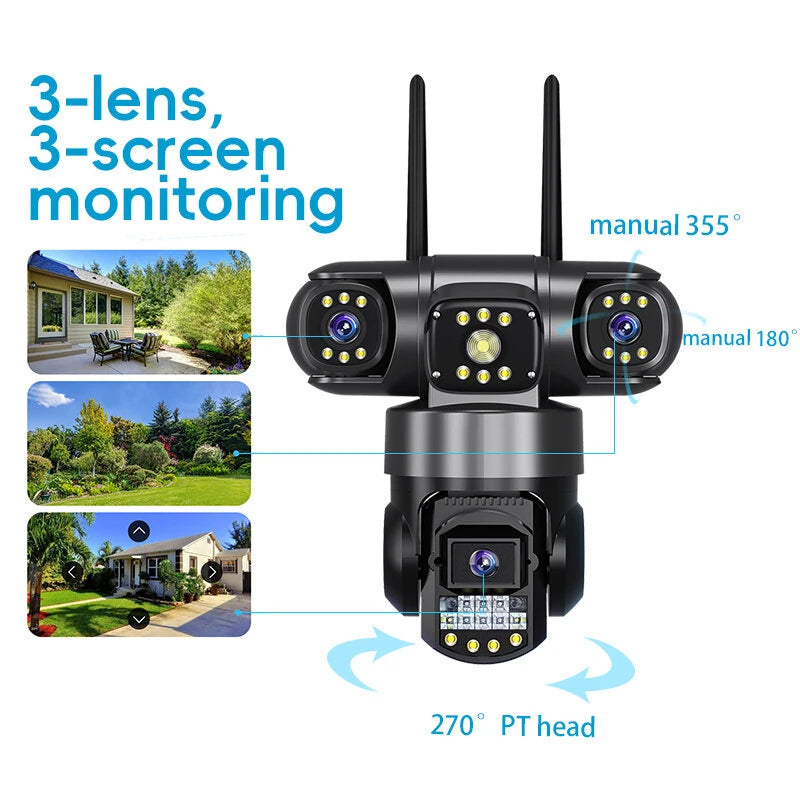 Three-lens 6MP WiFi PTZ Camera Intelligent Wireless Night Vision Motion Recognition Two-way Audio Real-time Monitoring Cameras for Outdoors Security Surveillance