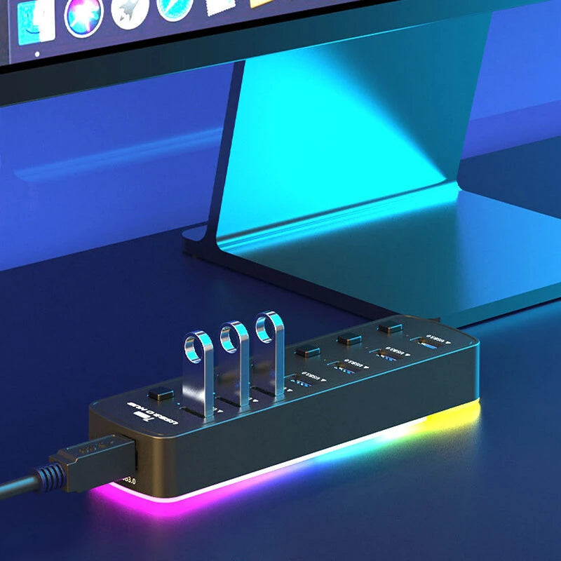 7 in 1 RGB USB3.0 Hub Docking Station with 5Gbps USB3.0*7 Multiports Splitter Adapter with Independent Switch for Phone Keyboard Mouse Printer MacBook Pro