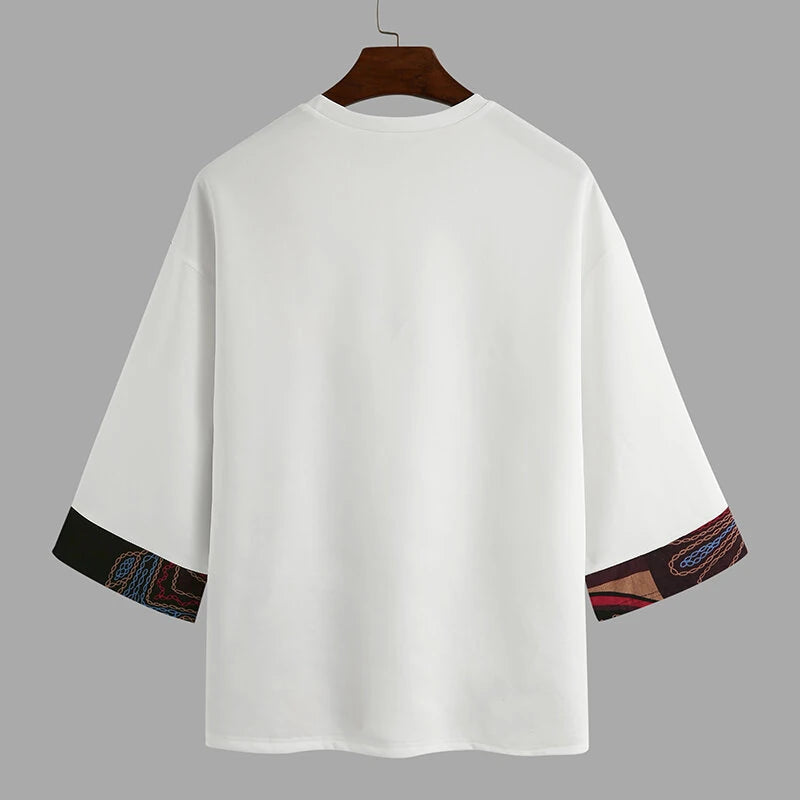 INCERUN Mens T Shirts Loose Fit Casual T-shirts for Men Print Patchwork Fashion Male Tee Tops Summer Short Sleeve Men Clothing