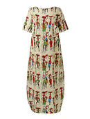 Women Ethnic Style Figure Print Round Neck Short Sleeve Loose Baggy Maxi Dresses