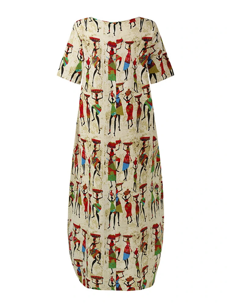 Women Ethnic Style Figure Print Round Neck Short Sleeve Loose Baggy Maxi Dresses