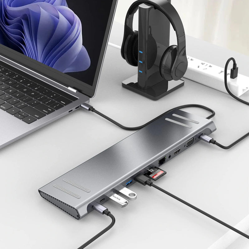 13 in 1 USB C Docking Station Network Hub with VGA PD 3.0 USB-C RJ45 10/100Mbps Laptop Stand for MacBook iPad Surface pro