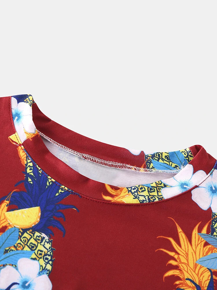 Mens Fashion Floral Printing Crew Neck Breathable Short Sleeve Casual T-Shirts